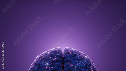 3D Rendering of human brain with glowing led light from digital data circuit board. For Artificial Intelligence, neurons, technology implant, Deep machine learning, Big data background 