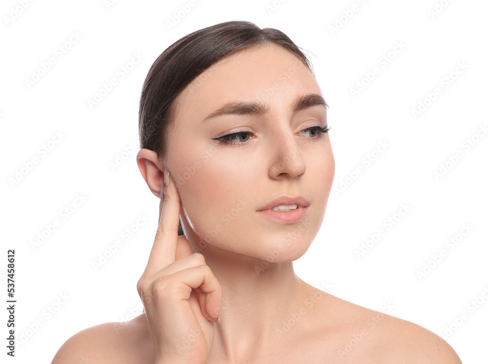 Young woman suffering from ear pain on white background Young woman suffering from ear pain on white background