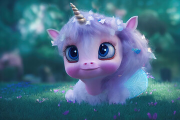 Fototapete Pony Rainbow Baby Unicorn. Adorable Cute Animal Characters. Fantasy Backdrop Concept Art Realistic Illustration Video Game Background Digital Painting CG Artwork Scenery Artwork Serious Book Illustration   © info@nextmars.com