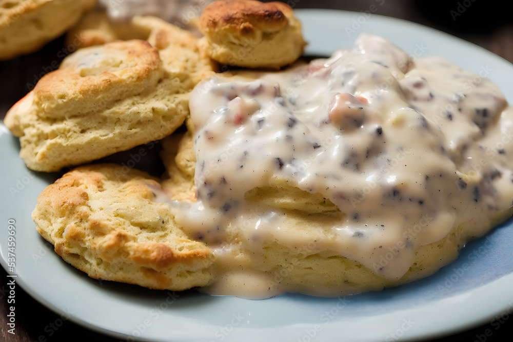 biscuits and gravy, breakfast food item, a yummy and savory meal biscuits and gravy, breakfast food item, a yummy and savory meal