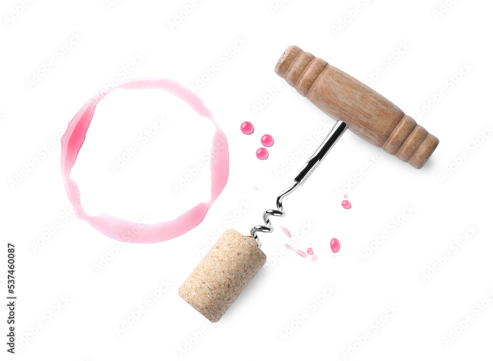 Wine stain, corkscrew and stopper on white background, top view