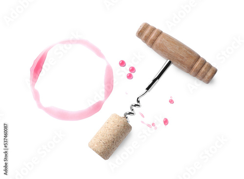 Canvastavla Wine stain, corkscrew and stopper on white background, top view