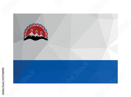Vector illustration. Official ensign of Kamchatka Krai (Russia). National flag in white and blue colors with volcanos. Creative design in polygonal style with triangular shapes