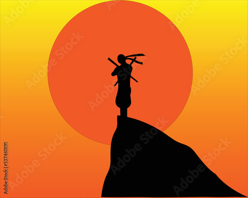 ninja silhouette vector on sunset background