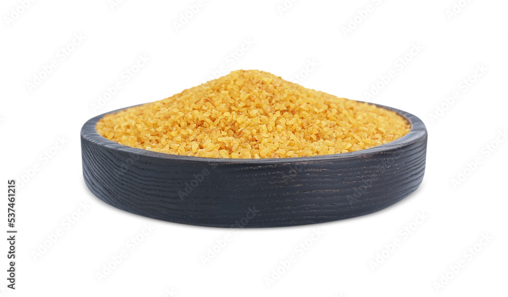 Bowl with uncooked bulgur isolated on white Bowl with uncooked bulgur isolated on white