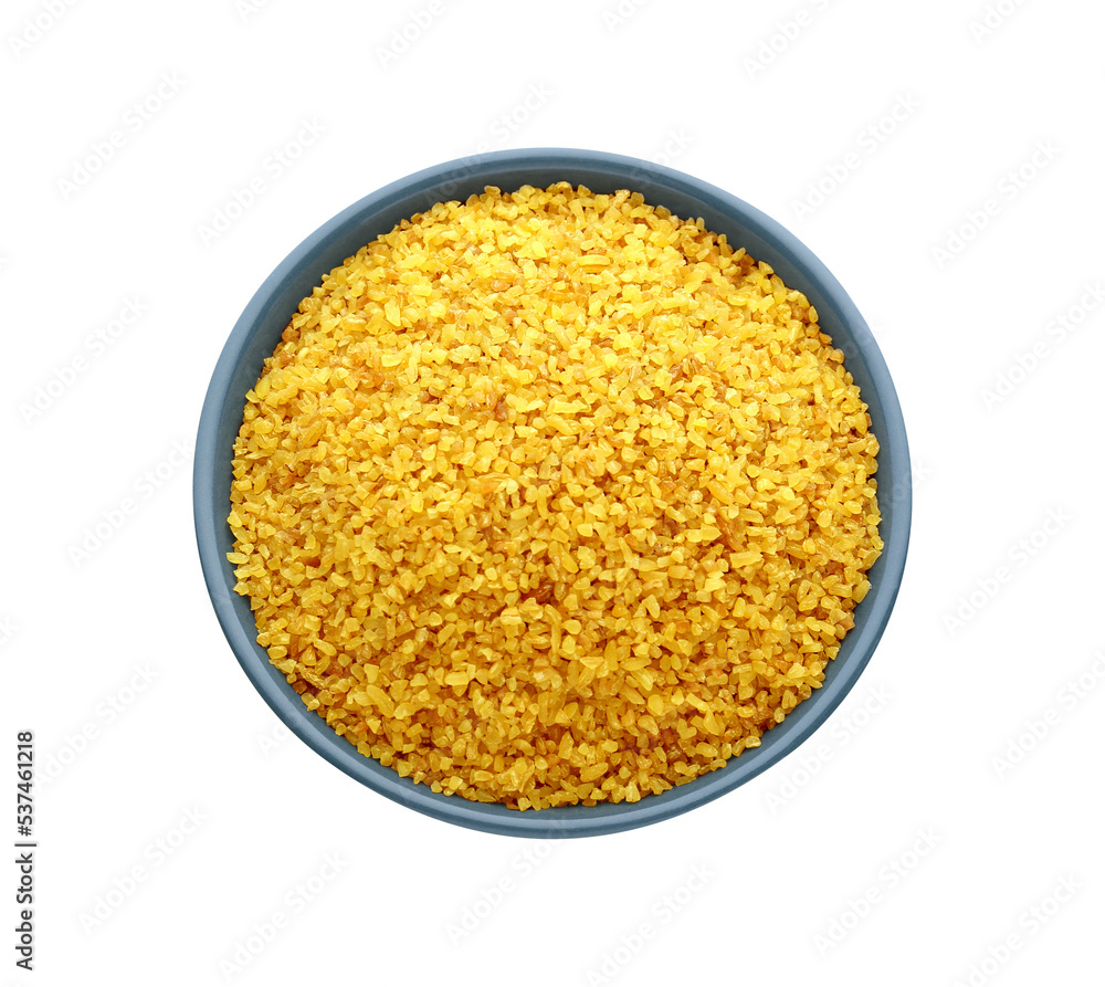 Bowl with uncooked bulgur isolated on white, top view Bowl with uncooked bulgur isolated on white, top view