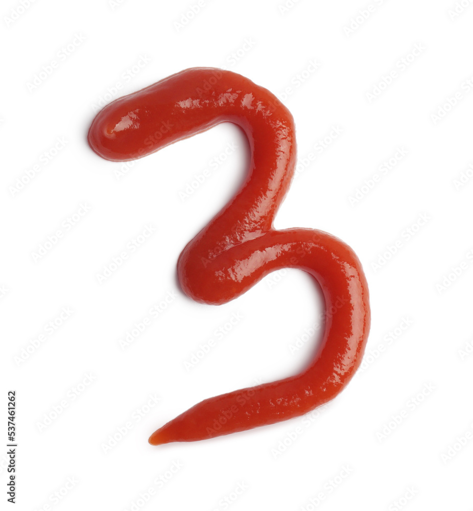 Number 3 written with ketchup on white background Number 3 written with ketchup on white background