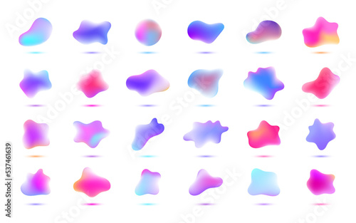 Vector 3d gradient spots set, liquid shapes isolated. Abstract elements for trendy vibrant color design. Use for logos, tags, labels, background. Fluid blots, wavy drops, flowing elements