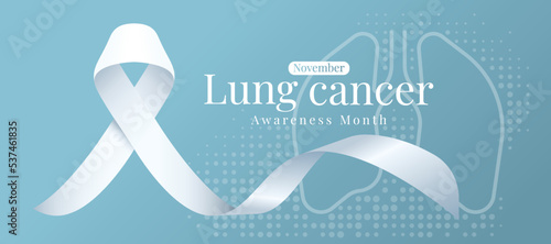Lung cancer awareness month - white awareness ribbon waving on line lung sign with dot texture on soft blue background vector design