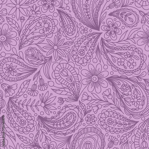 PINK VECTOR SEAMLESS BACKGROUND WITH PURPLE PAISLEY CONTOUR PATTERN