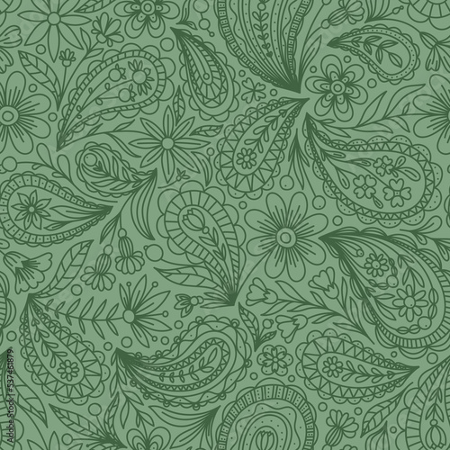 LIGHT GREEN VECTOR SEAMLESS BACKGROUND WITH GREEN PAISLEY CONTOUR PATTERN