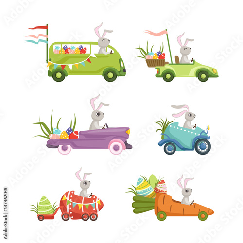 Cute Hare with Long Ears Driving Retro Car Carrying olored Easter Eggs Vector Set
