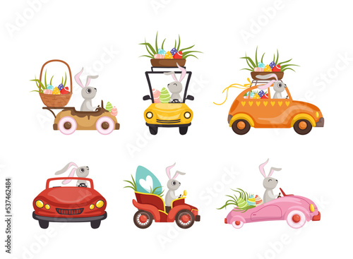 Cute Hare with Long Ears Driving Retro Car Carrying olored Easter Eggs Vector Set photo