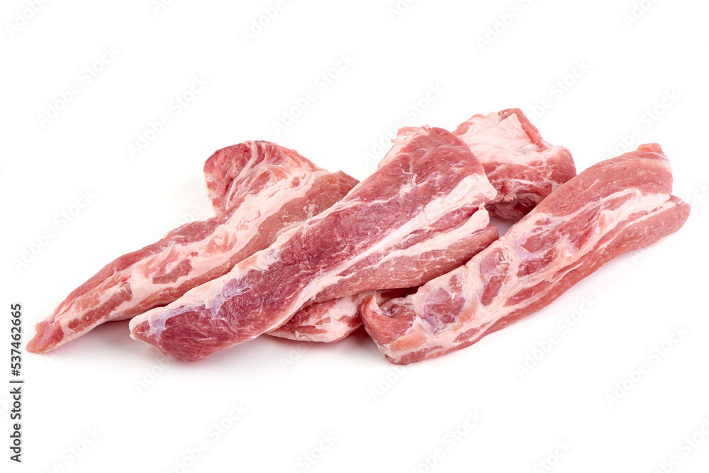 Pork fillet tenderloin with lettuce, raw meat, close-up, isolated on white background. Pork fillet tenderloin with lettuce, raw meat, close-up, isolated on white background.
