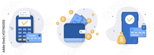 Payment methods illustration set. Credit card for online shopping,  financial cash transactions, transfer, bank card, e-wallet for buying process, monetary currencies. 3D web vector illustration.