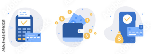 Payment methods illustration set. Credit card for online shopping, financial cash transactions, transfer, bank card, e-wallet for buying process, monetary currencies. Flat web vector illustration.