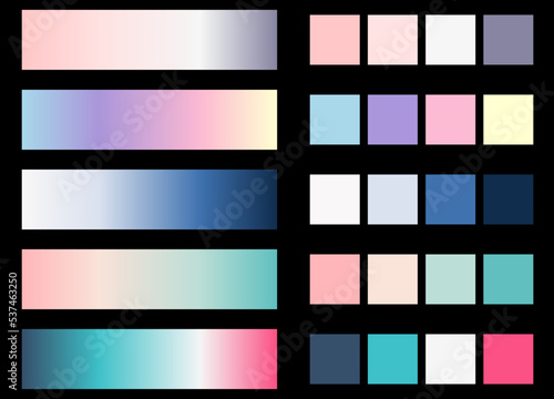 Popular color palette. An example of a color scheme. Forecast of the future color trend template. Gradient and solid color composition for modern design. Vector Eps 10.