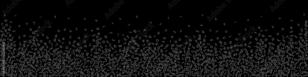 Falling numbers, big data concept. Binary white disorderly flying digits. Juicy futuristic banner on black background. Digital vector illustration with falling numbers. Falling numbers, big data concept. Binary white disorderly flying digits. Juicy futuristic banner on black background. Digital vector illustration with falling numbers.