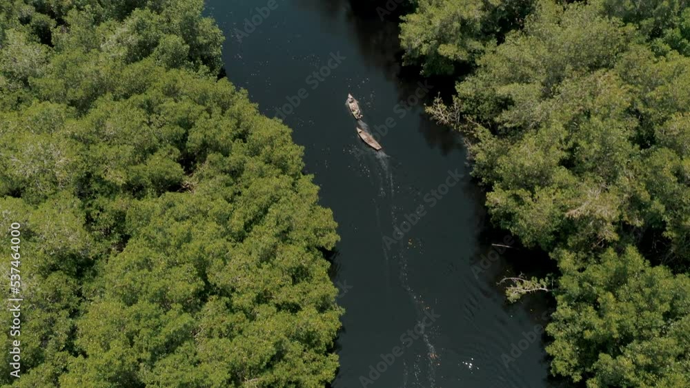 Wooden Boats On The River In Tropical Rainforest In El Paredon, Guatemala - aerial drone shot Wooden Boats On The River In Tropical Rainforest In El Paredon, Guatemala - aerial drone shot