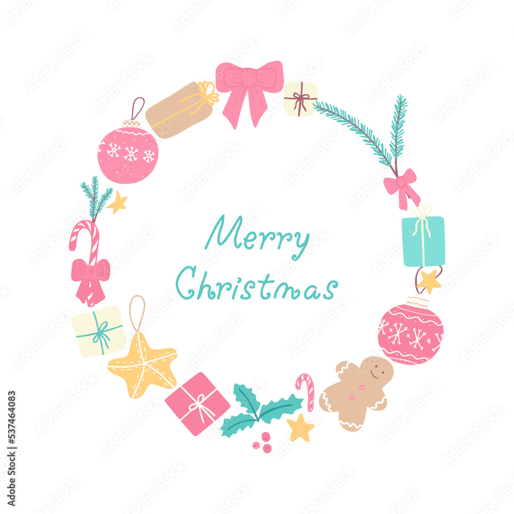 Vector Illustration with presents, candies, etc. and text Merry Christmas. For greeting card, party invitation, post in social media or mailing, web, advertising banner, sale brochure, cover, poster Vector Illustration with presents, candies, etc. and text Merry Christmas. For greeting card, party invitation, post in social media or mailing, web, advertising banner, sale brochure, cover, poster