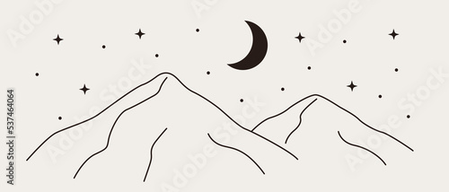 Abstract line art mountains scenery. Hand drawn night landscape background with hills silhouette, moon and stars. Boho minimalist vector illustration