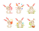 Cute Easter Bunny with Colorful Decorated Eggs with Basket in Grass Juggling Vector Set
