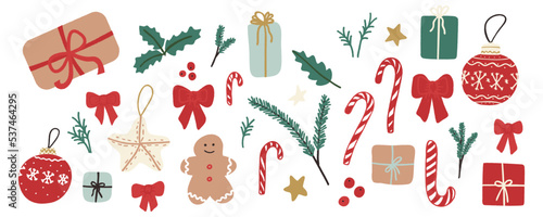 Vector xmas set, design elements presents, candies, bows, Christmas balls. For packaging design, decorative stickers, greeting card Invitation at a party, banner, labels, icon for page website, badges