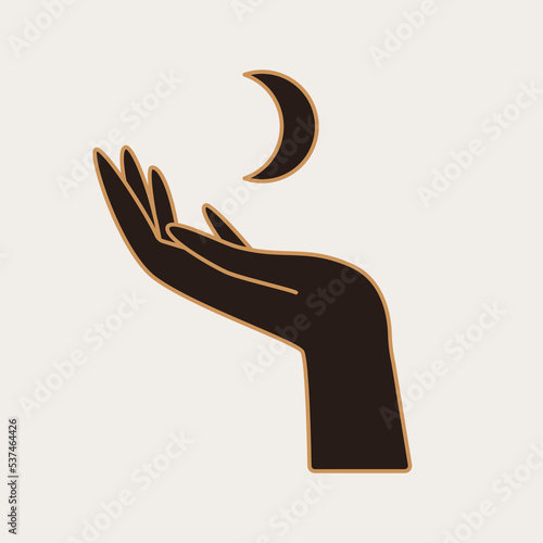 Mystical woman hand with celestial moon symbol in black and gold colors. Spiritual wicca element for print, card, poster, design. Witchcraft symbol vector illustration