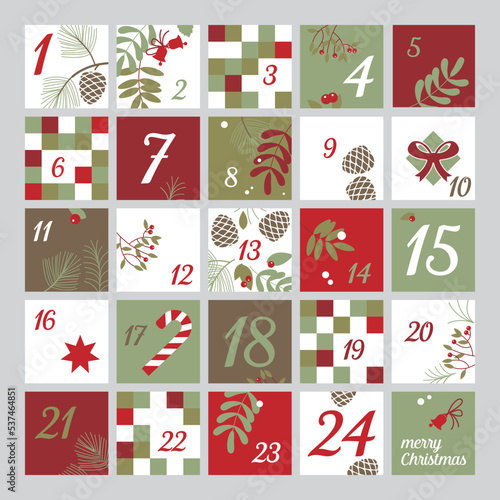 Advent calendar in elegant colors, lettering merry Christmas.