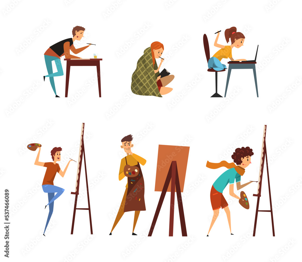 Man and Woman Artist Painting on Canvas with Drawing Easel and on Tablet Graphic Drawing Vector Set Man and Woman Artist Painting on Canvas with Drawing Easel and on Tablet Graphic Drawing Vector Set
