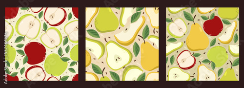 Vector set of three seamless patterns with colorful apples and pears. Autumnal concept.