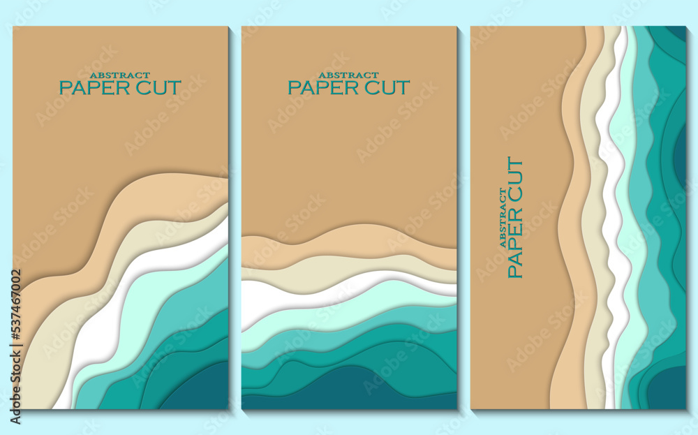 Vector collection of 3 backgrounds in the style of cut paper. 3D Futuristic relief of the seashore. Modern background for branding, covers, presentations, posters, covers.