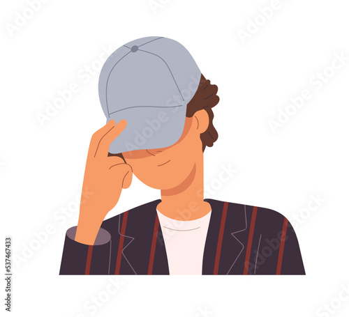 Man hiding face behind caps visor. Cool young guy stranger, head portrait. Incognito in headwear, anonymous unknown person, character avatar. Flat vector illustration isolated on white background