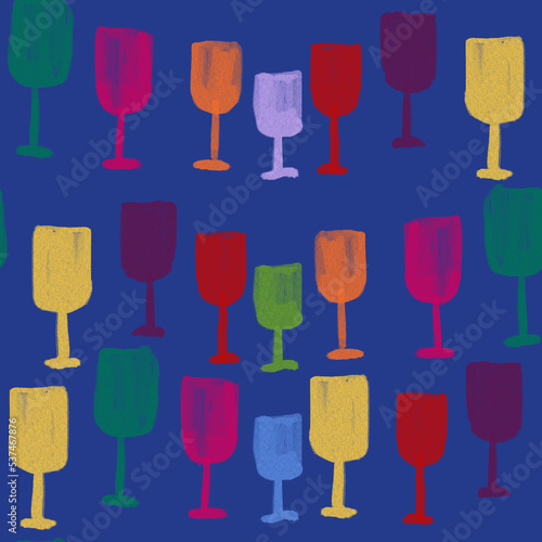Hand drawn wineglasses seamless pattern. Alcohol drink related. Colorful stock illustration in vintage palette. For all over print, fashion fabric, textile, wrapping, wallpaper, any surfaces.