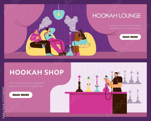 Hookah lounge and shop flyers or banners with people characters flat vector.