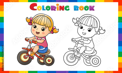 Coloring Page Outline Of a cartoon little girl riding a bicycle or bike. Coloring book for kids