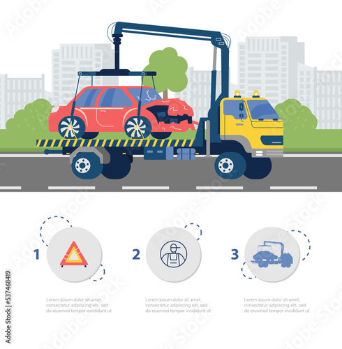 Banner about towing truck flat style, vector illustration