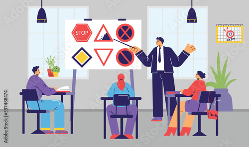 People study road signs in driving school flat style  vector illustration