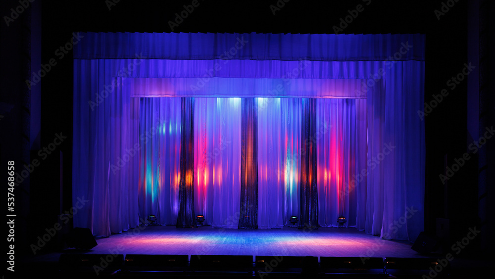 theater Stage light and curtain, lighting and spotlights.