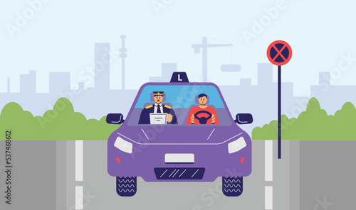 Driving school student and instructor in car flat vector illustration.