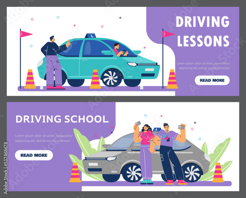 Driving school lessons advertising flyers and banners flat vector illustration.