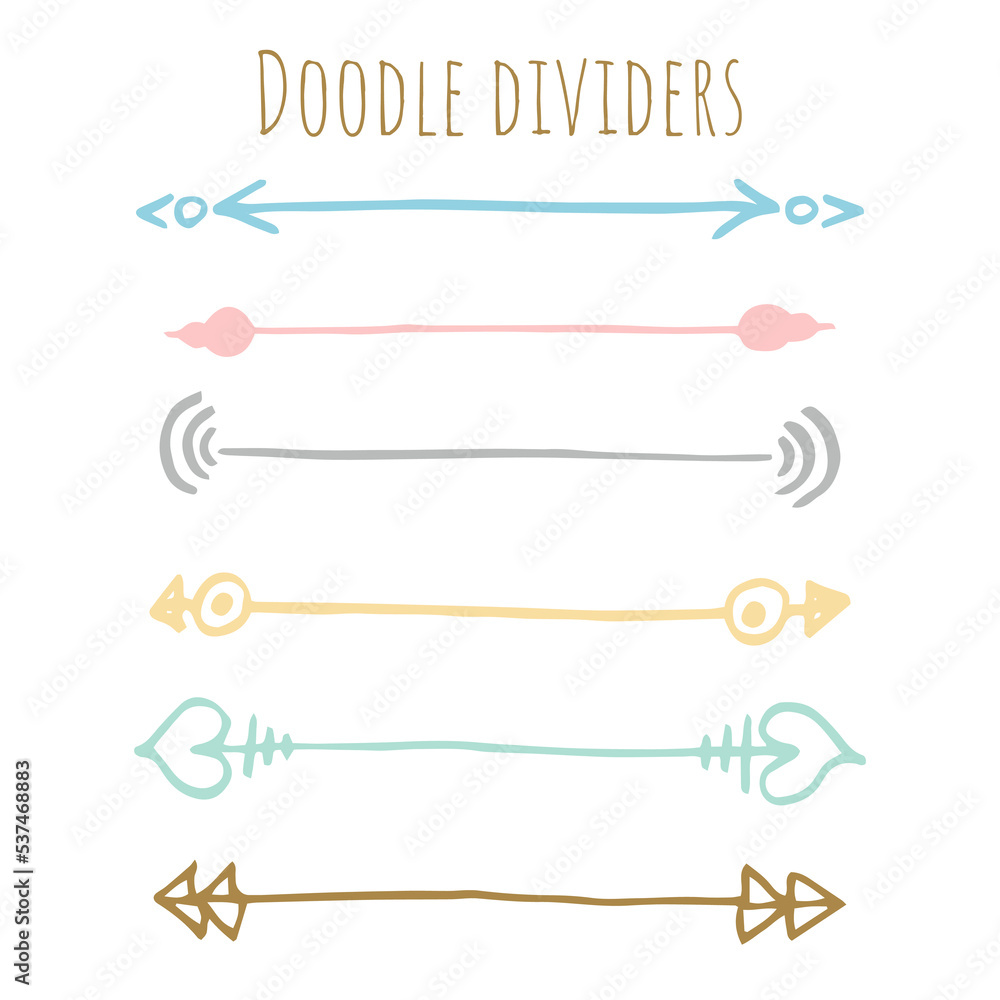 Hand drawn cute colored dividers set. Ornamental decorative elements. Vector doodle elements design.