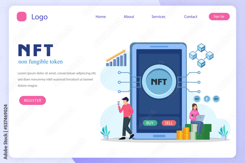 NFT non fungible token, digital crypto art blockchain technology, flat vector illustration,