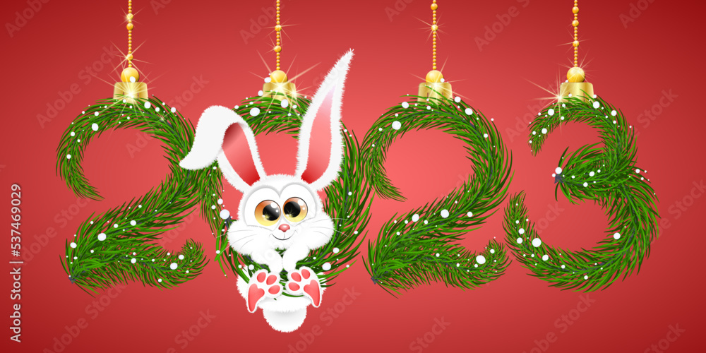 Fototapeta premium Cute fluffy white cartoon winter Rabbit hanging in 2023 new year number. 