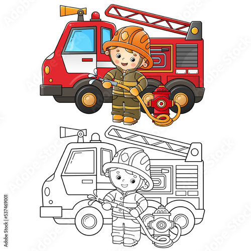 Coloring Page Outline Of cartoon fire truck with fireman or firefighter. Fire fighting. Professional transport. Coloring Book for kids.