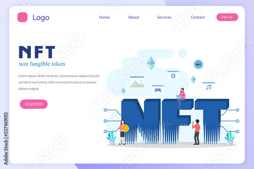 NFT non fungible token, digital crypto art blockchain technology, flat vector illustration,