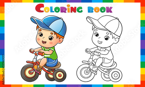 Coloring Page Outline Of a cartoon boy riding a bicycle or bike. Coloring book for kids