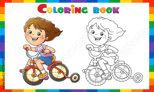 Coloring Page Outline Of a cartoon fun girl on a bicycle or bike. Outdoor games on playground. Summer activity. Coloring book for kids
