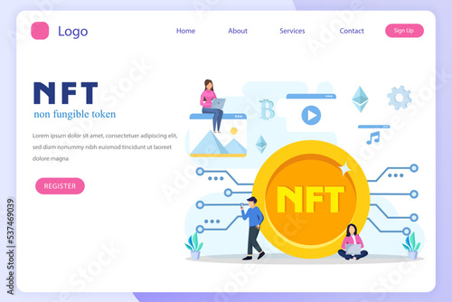 NFT non fungible token, digital crypto art blockchain technology, flat vector illustration,