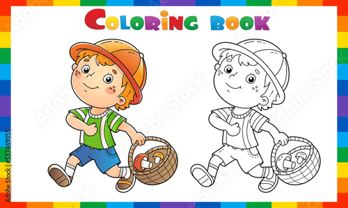 Coloring Page Outline Of cartoon little boy with a basket for mushrooms. Coloring Book for kids.